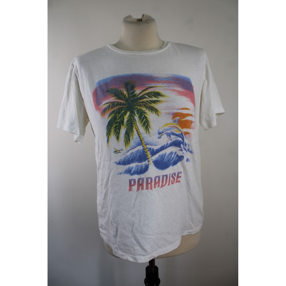 Pam & Gela S White Paradise Graphic Tee Cotton Linen Tropical Short Sleeve